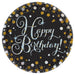 Sparkling Celebration 7-inch paper plates featuring black background with gold and silver confetti border and glitter “Happy Birthday” script in the center.