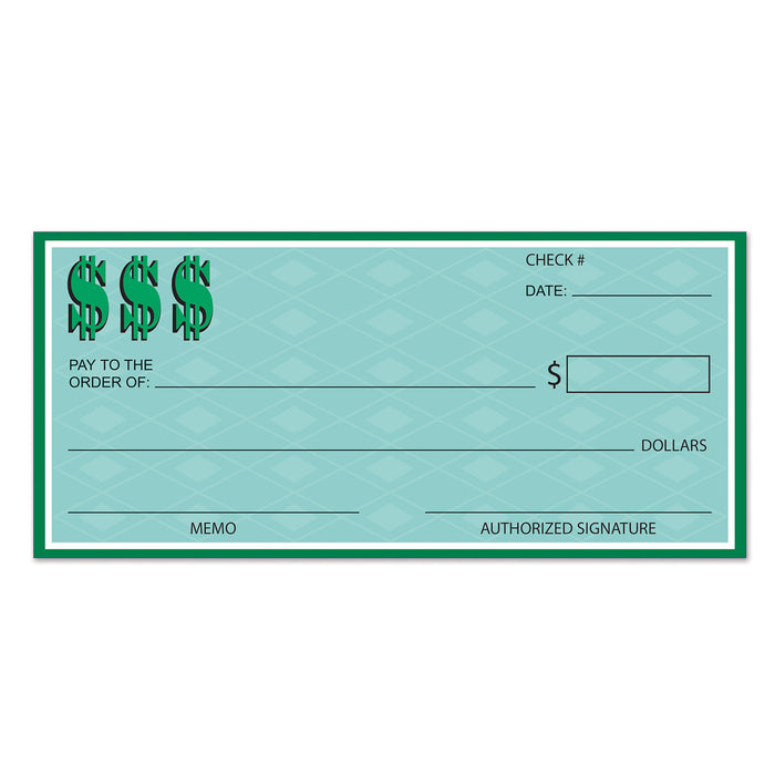 A party decoration featuring a winner's check design. Sold as a single piece.