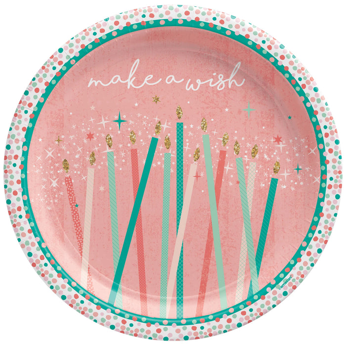 Happy Cake Day 7-inch paper plate with colorful birthday candles, gold flames, make a wish lettering, and a dotted border.