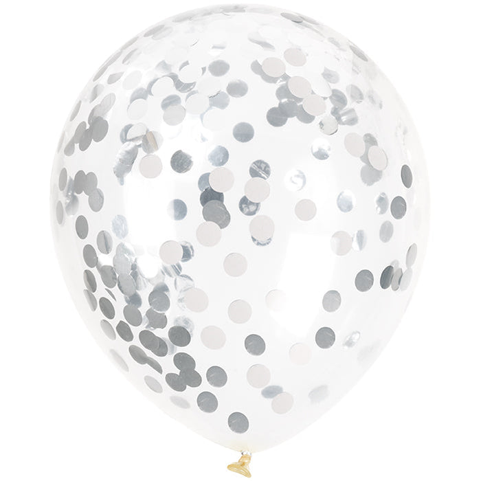 Clear 12-inch latex balloon filled with silver and white confetti dots on a white background.