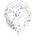 Clear 12-inch latex balloon filled with silver and white confetti dots on a white background.