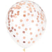 Clear 12-inch latex balloon filled with rose gold confetti dots on a white background.
