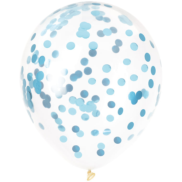 Clear 12-inch latex balloon filled with round blue confetti for baby showers, gender reveals, birthdays, and blue-themed party décor.