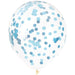 Clear 12-inch latex balloon filled with round blue confetti for baby showers, gender reveals, birthdays, and blue-themed party décor.