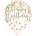 Clear 12-inch latex balloon with gold confetti and “Happy Birthday” lettering on a white background.
