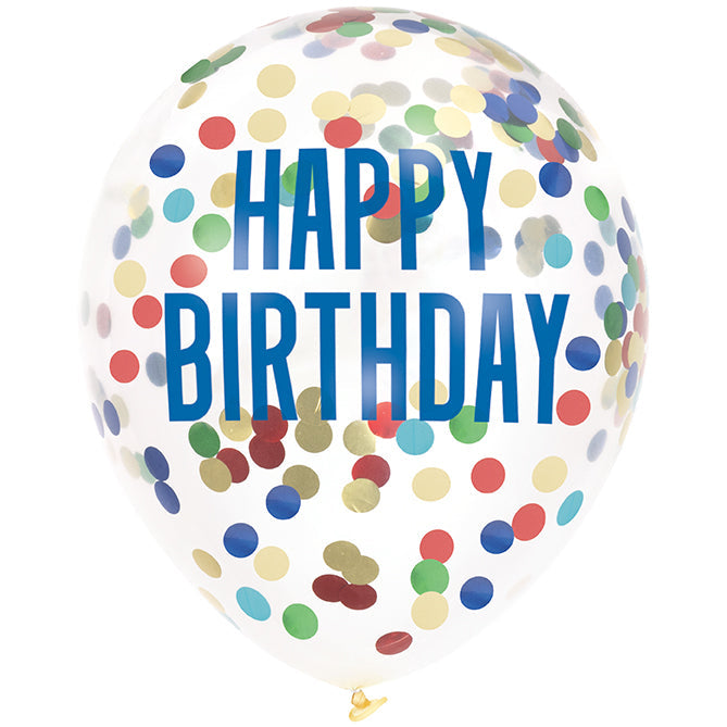 Clear 12-inch latex balloon with colorful confetti, blue “Happy Birthday” lettering.