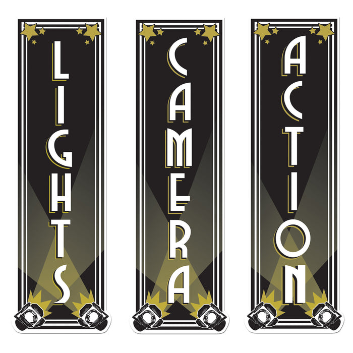 A set of flat die-cut cutouts featuring a lights, camera, action design. Comes in a pack of 3.