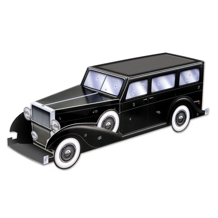 A 3-D table centerpiece featuring a gangster car design. Sold as a single piece.