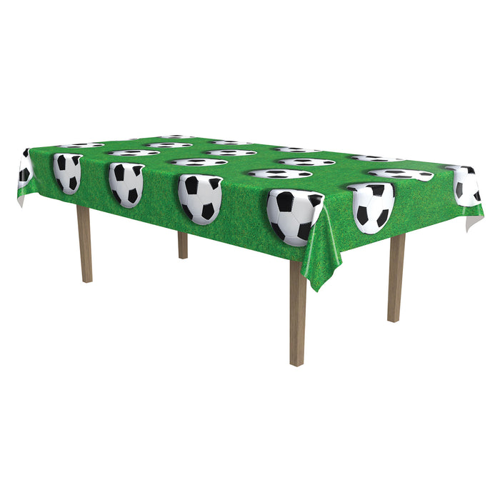 A rectangular table cover printed with a soccer ball design. Sold as a single piece.