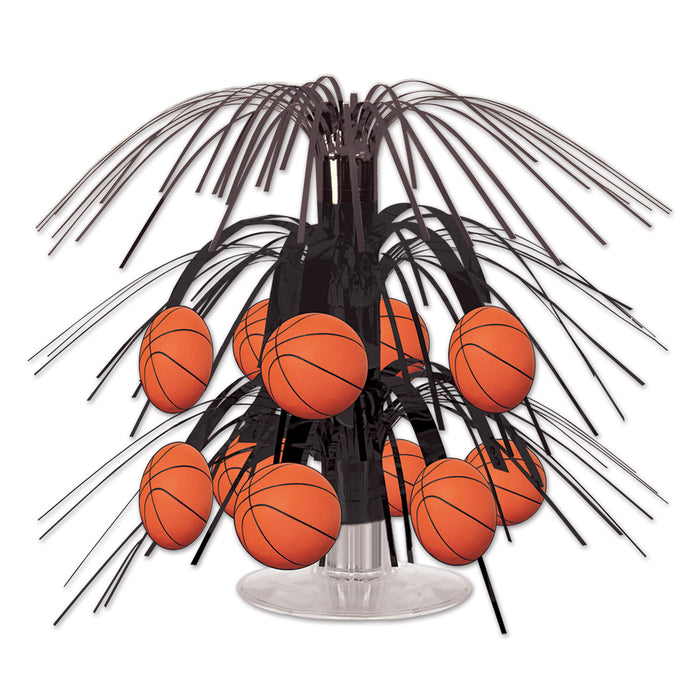 A hanging cascade centerpiece featuring a basketball design. Sold as a single piece.