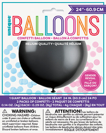 Gender reveal 24-inch black latex balloon package with pink and blue confetti packs for a surprise reveal party.