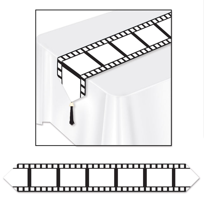 A table runner printed with a filmstrip design. Sold as a single piece.
