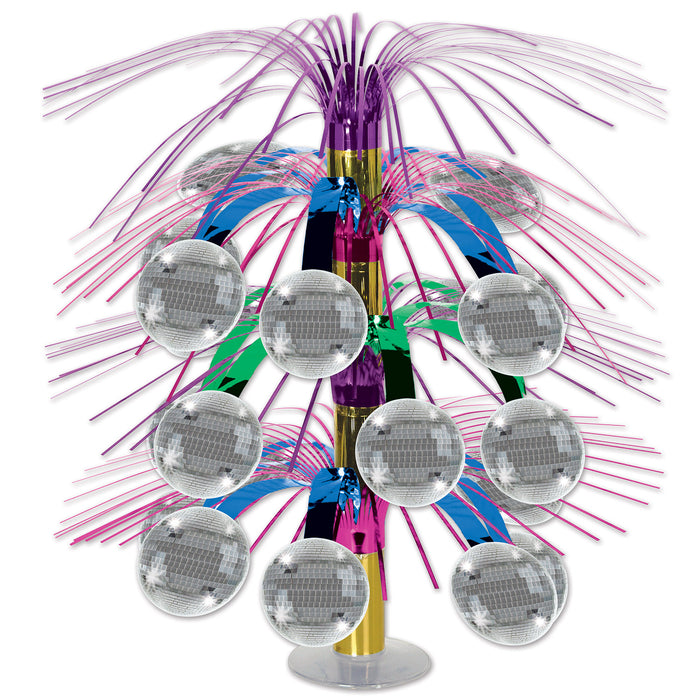 A hanging cascade centerpiece featuring a disco ball design. Sold as a single piece.