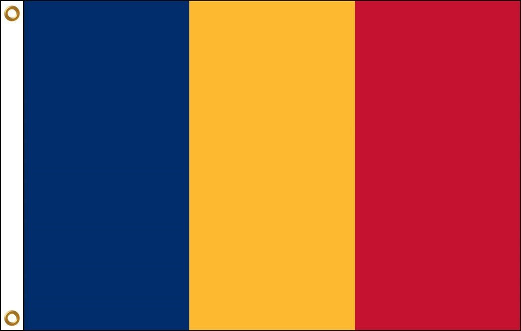 Rectangular flag with three equal vertical stripes in blue, yellow, and red from left to right, featuring two brass grommets on the left edge for hanging.