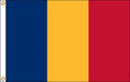 Rectangular flag with three equal vertical stripes in blue, yellow, and red from left to right, featuring two brass grommets on the left edge for hanging.