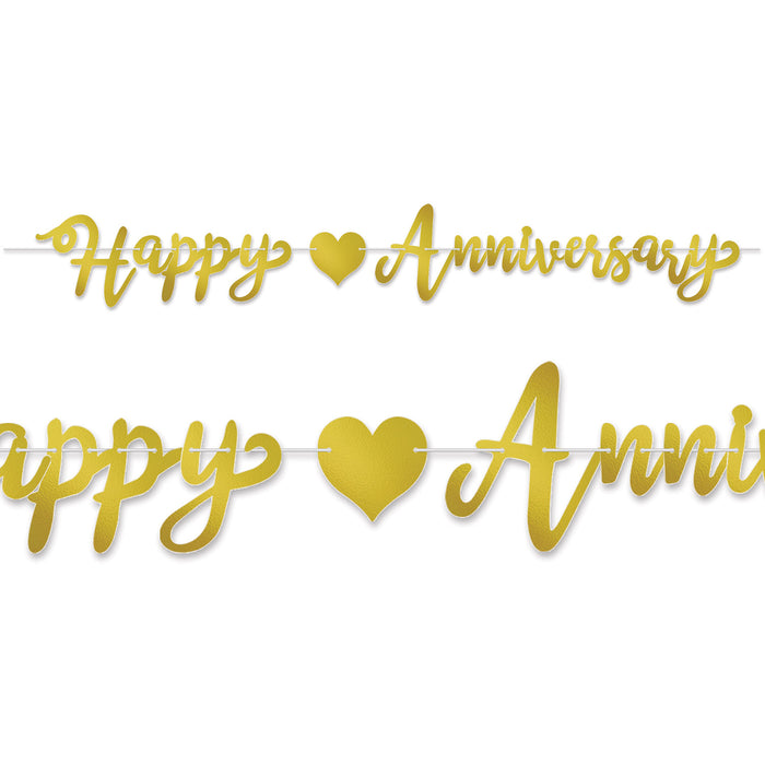 A foil coiled hanging streamer featuring a happy anniversary design. Sold as a single piece.