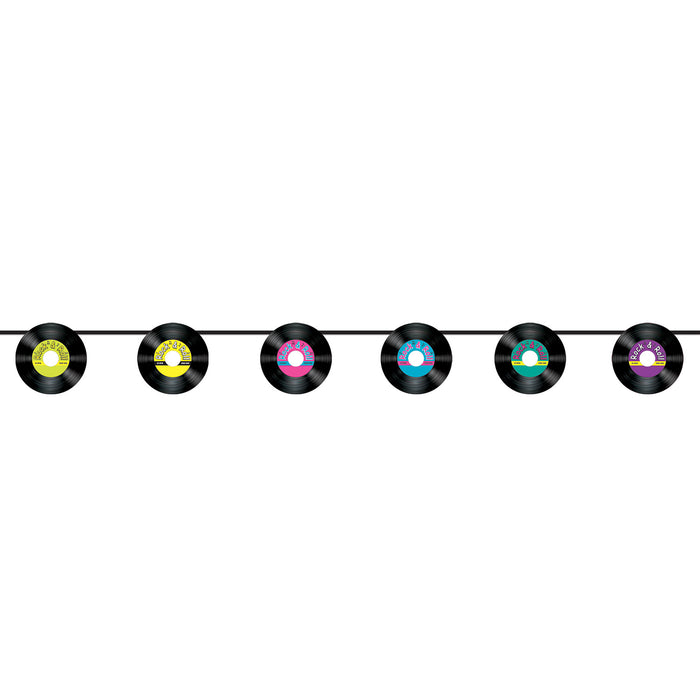 A coiled hanging streamer featuring a records design. Sold as a single piece.