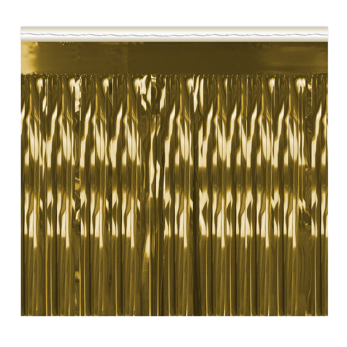 A metallic party decoration featuring a table skirting design. Sold as a single piece.