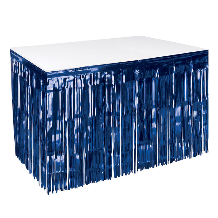 A metallic party decoration featuring a table skirting design. Sold as a single piece.