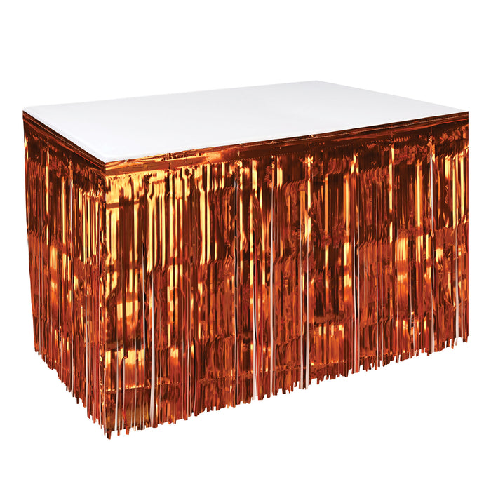 A metallic party decoration featuring a table skirting design. Sold as a single piece.