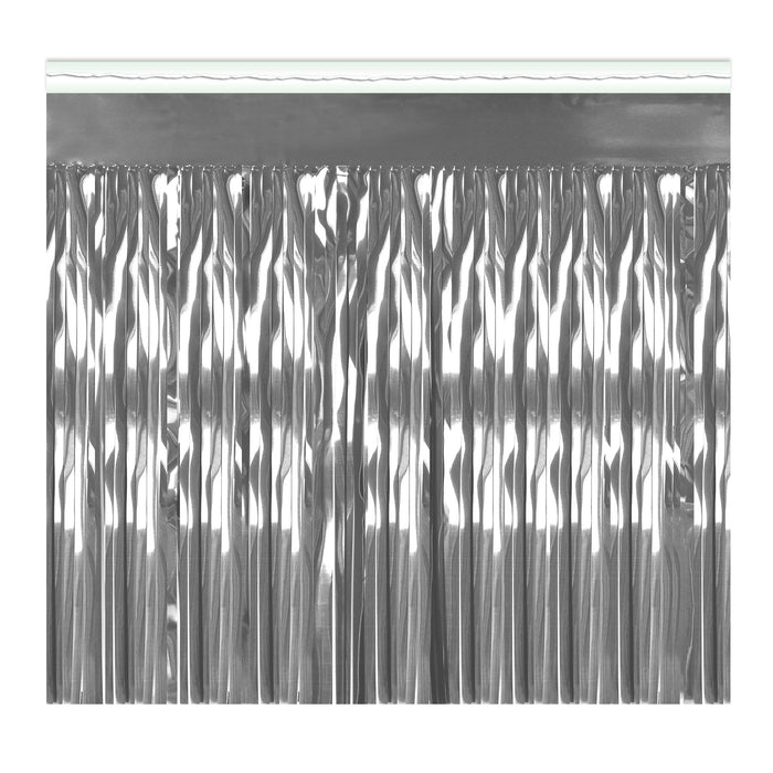 A metallic party decoration featuring a table skirting design. Sold as a single piece.