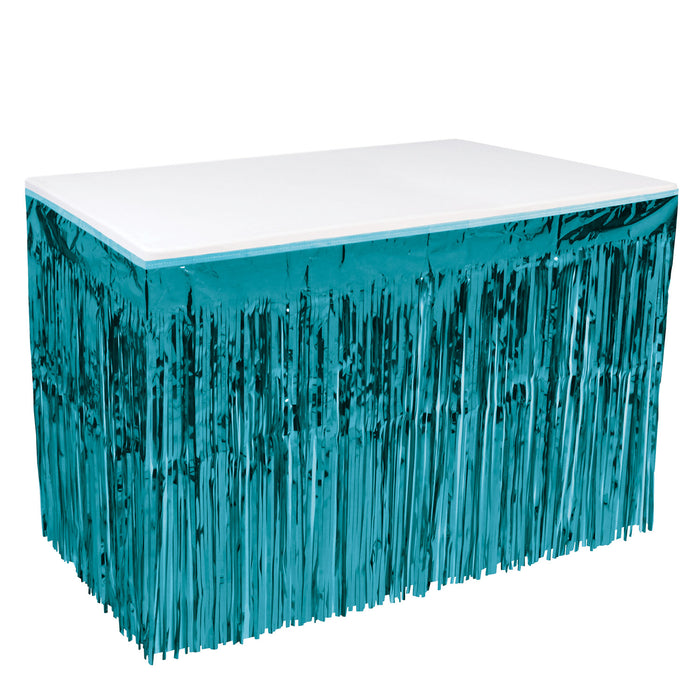 A metallic party decoration featuring a table skirting design. Sold as a single piece.