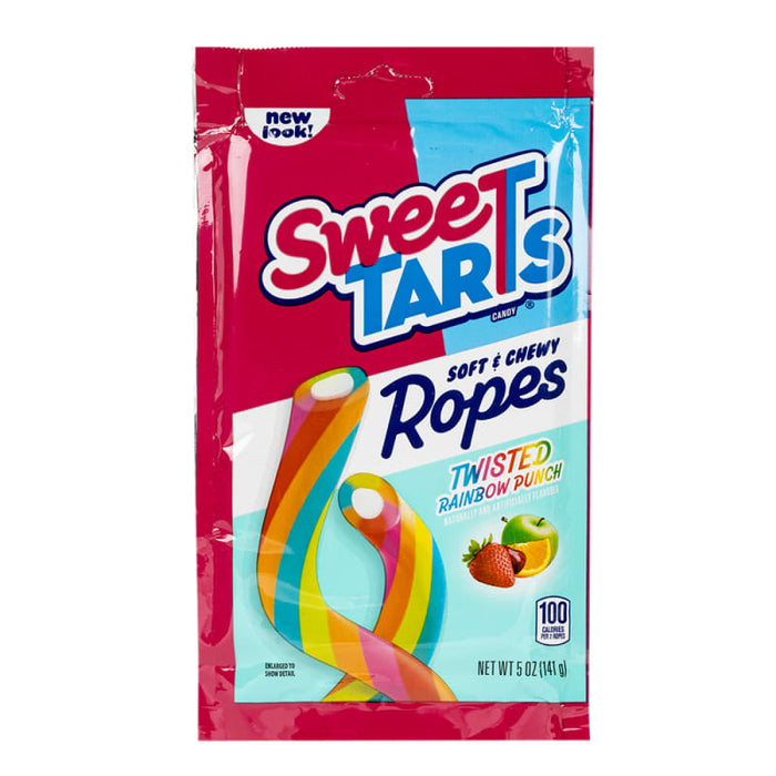 Sweetarts Twisted Rainbow Punch Ropes: chewy candy ropes, rainbow in color. Sold in a 5 oz clear plastic peg bag that hangs from a printed header card, with the candy visible inside.