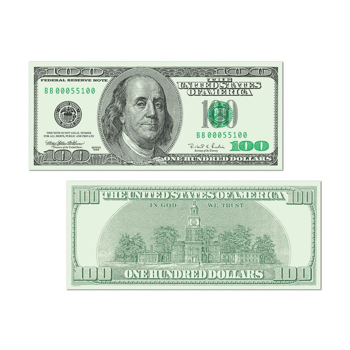 Front and back views of a decorative $100 bill cutout featuring Benjamin Franklin's portrait and Independence Hall, printed in green and black on light green cardstock.