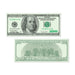 Front and back views of a decorative $100 bill cutout featuring Benjamin Franklin's portrait and Independence Hall, printed in green and black on light green cardstock.