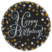 Sparkling Celebration 9-inch paper plate with black background, silver Happy Birthday script, gold and silver dot accents, and star details, sold in an 8-count pack.