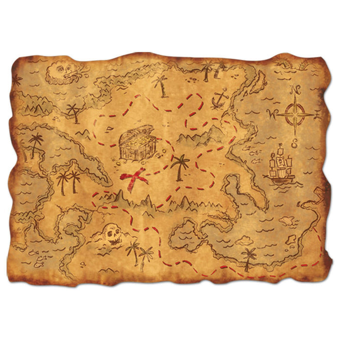 Aged parchment-style treasure map with brown ink coastlines, palm trees, ships, a compass rose, skull symbol, and a red dashed route marking the path to treasure.