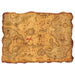 Aged parchment-style treasure map with brown ink coastlines, palm trees, ships, a compass rose, skull symbol, and a red dashed route marking the path to treasure.