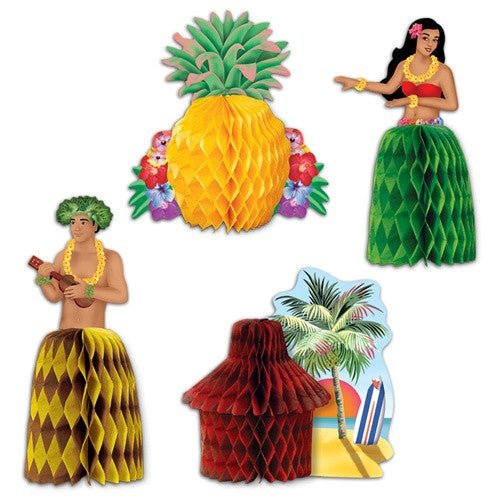 Four colorful honeycomb centerpieces featuring a yellow pineapple with green leaves, a hula dancer in red and green, a shirtless man in a yellow grass skirt, and a red tiki hut with surfboard and palm tree.