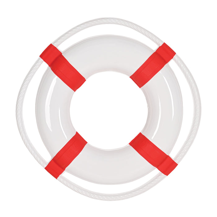 A plastic party decoration featuring a life preserver design. Sold as a single piece.