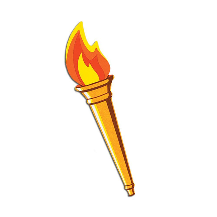 Illustration of a torch with a wooden handle banded with brown straps and a flame top in layers of yellow, orange, and red.