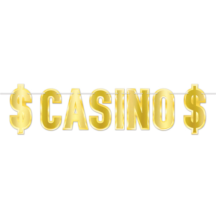 A foil coiled hanging streamer featuring a casino design. Sold as a single piece.