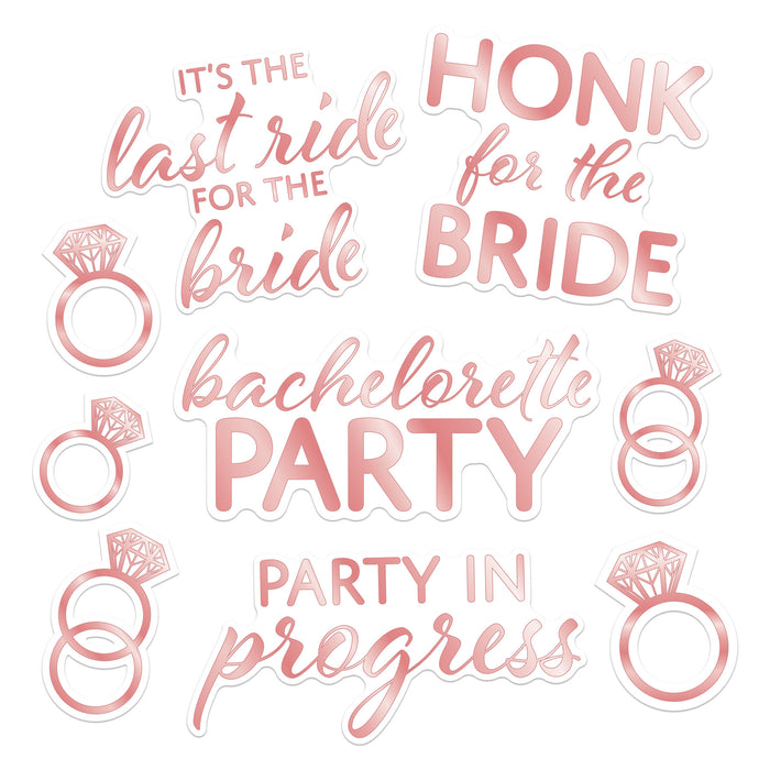 A party decoration featuring a bachelorette auto-clings design. Comes in a pack of 9.