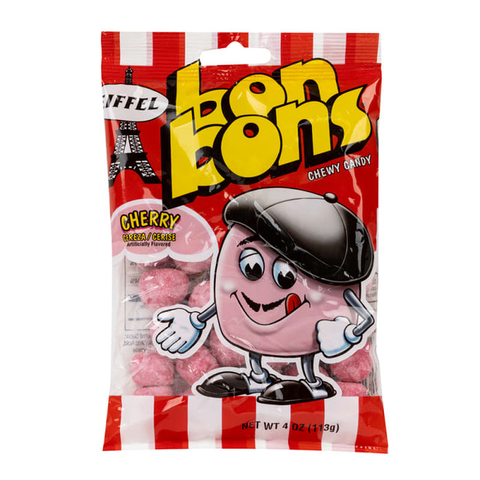 Eiffel Bon Bons Cherry Chewy Candy: chewy fruit candies, red in color. Sold in a 4 oz clear plastic peg bag that hangs from a printed header card, with the candy visible inside.