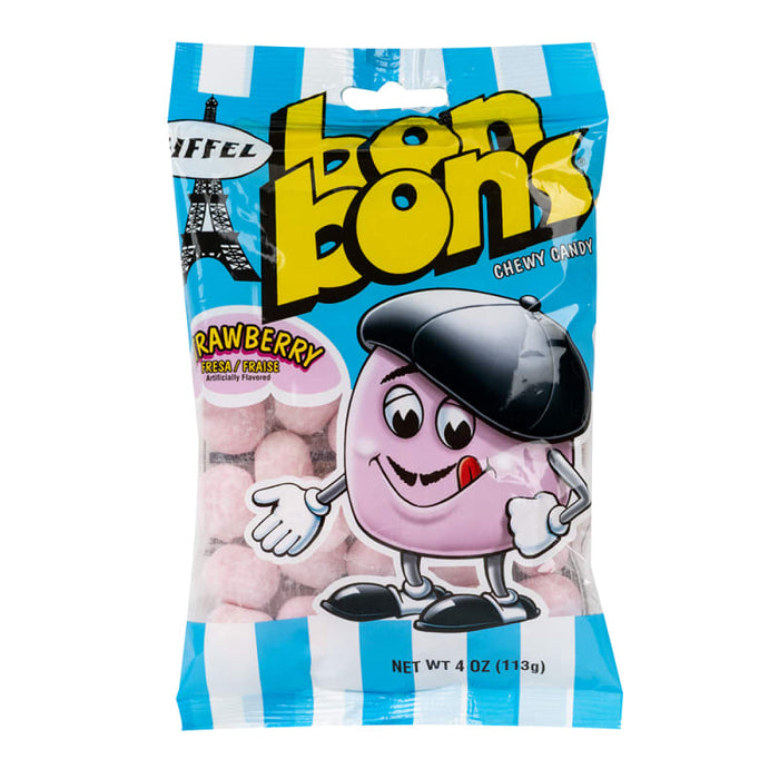 Eiffel Bon Bons Strawberry Chewy Candy: chewy fruit candies, red in color. Sold in a 4 oz clear plastic peg bag that hangs from a printed header card, with the candy visible inside.