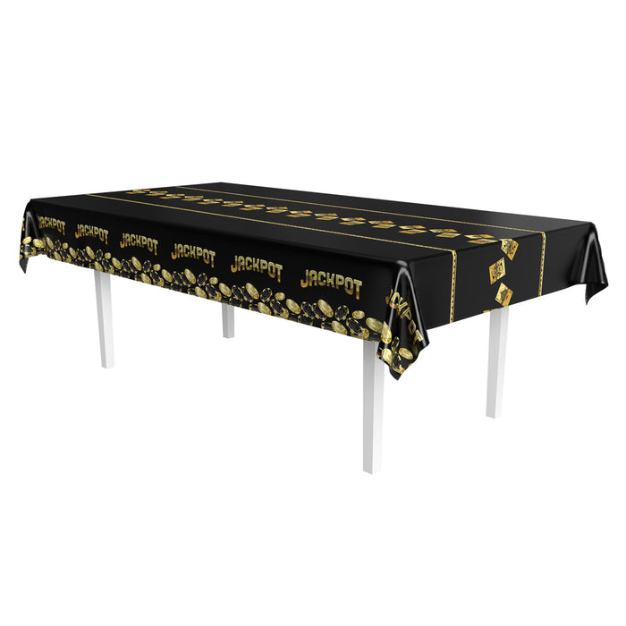 A metallic rectangular table cover printed with a casino design. Sold as a single piece.