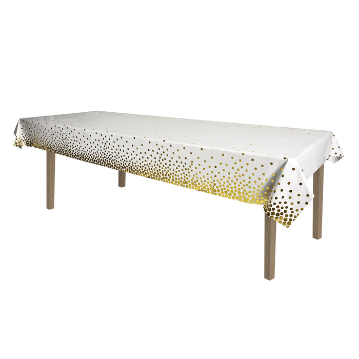 A metallic rectangular table cover printed with a polka dots design. Sold as a single piece.