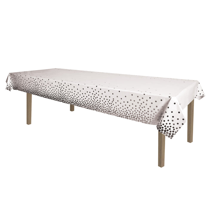 A metallic rectangular table cover printed with a polka dots design. Sold as a single piece.