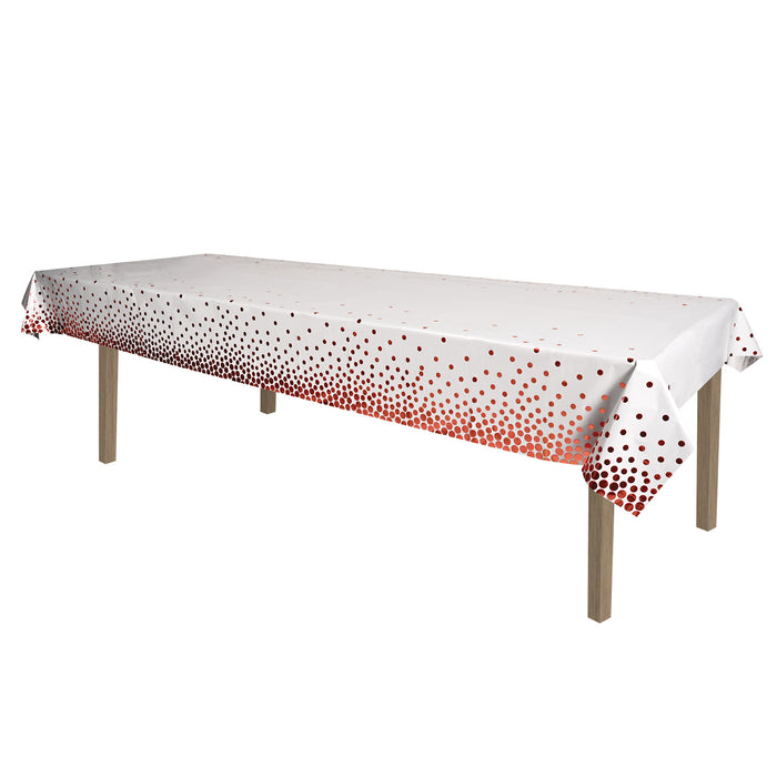 A metallic rectangular table cover printed with a polka dots design. Sold as a single piece.