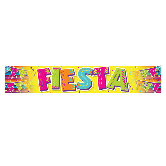 A party banner printed with a fiesta design. Sold as a single piece.