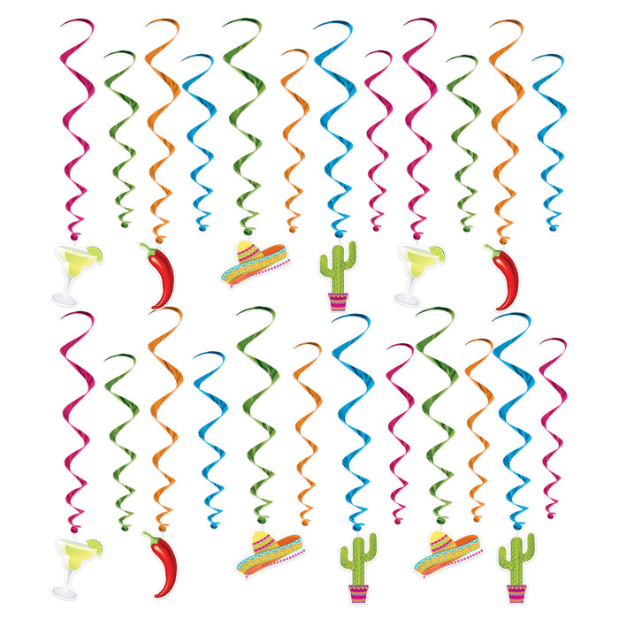 A cluster of hanging swirl decorations featuring a fiesta design. Comes in a pack of 24.