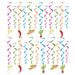 A cluster of hanging swirl decorations featuring a fiesta design. Comes in a pack of 24.