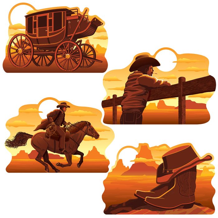 A set of flat die-cut cutouts featuring a wild west design. Comes in a pack of 4.