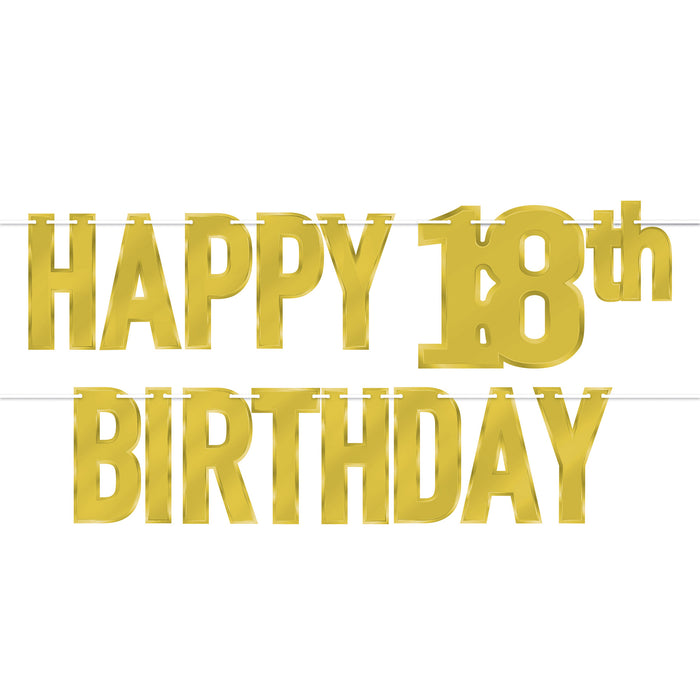 A foil coiled hanging streamer featuring a happy 18th birthday design. Sold as a single piece.