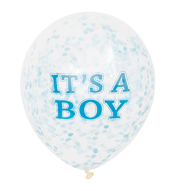 Clear 12-inch balloon with light blue confetti inside and blue “It’s a Boy” lettering on the front.