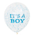 Clear 12-inch balloon with light blue confetti inside and blue “It’s a Boy” lettering on the front.